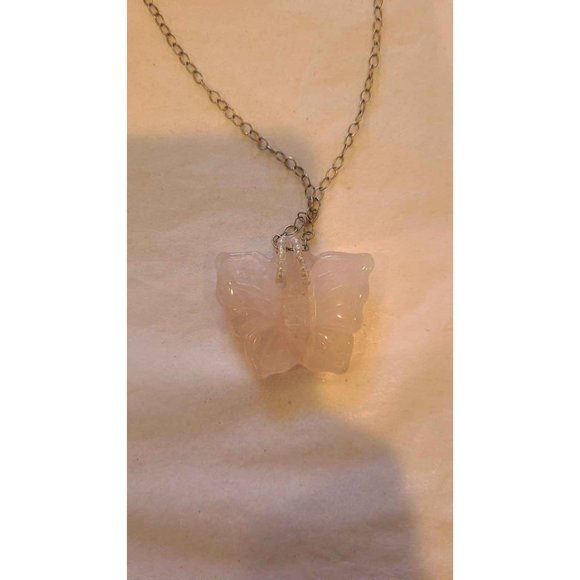 Sterling Silver Rose Quartz Butterfly Pendant  Necklace - Picture 7 of 8